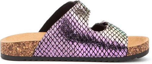 Vista 5 de Olivia Miller Zapatos para niños, Bailando Piel de Serpiente Sirena Doble Hebilla Plantilla Doble Correa Niñas Sandalias de Diapositiva Planas