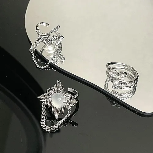 Vista 3 de Y2k - Juego de anillos de piedra lunar con diamantes de imitación, diseño de ágata irregular, para mujer