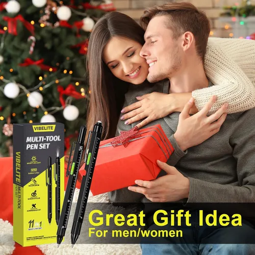 Vista 2 de Juego de bolígrafos multiherramienta 11 en 1 con LED, lápiz capacitivo, nivel, destornillador, cabeza plana, regla, regalos para hombres, él, papá