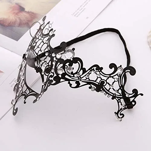 Vista 4 de FaceWood Máscara de mascarada para mujer, máscara de metal ultraligera brillante con diamantes de imitación veneciana, bonita fiesta, noche, baile