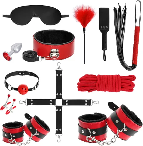 Vista 11 de Rbenxia 12 piezas de kits de restricciones BDSM Bondage para el sexo, esposas de fetiche, esposas de tobillo, collar, venda para los ojos, látigo