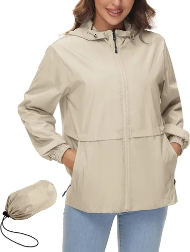 Vista 12 de Avoogue Chaqueta impermeable para mujer, ligera, plegable, con capucha, rompevientos para exteriores