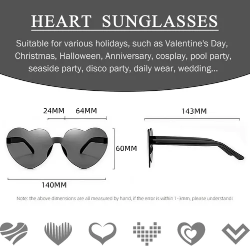 Vista 2 de 12 lentes de sol con forma de corazón, sin marco, transparentes, con forma de corazón, para mujer, paquete de lentes de sol divertidos