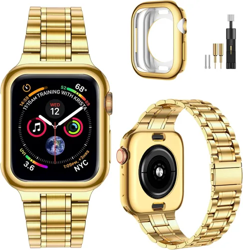 Vista 8 de MioHHR - Correas sólidas de acero inoxidable compatibles con Apple Watch de 38 mm, 40 mm, 41 mm, correa de metal con estuche suave de TPU para Negro