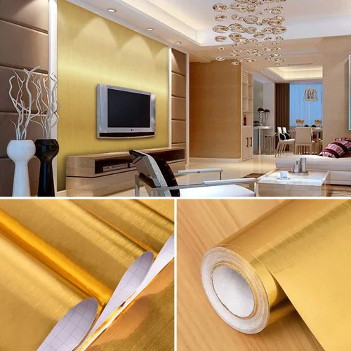 Vista 2 de WENMER Papel tapiz dorado metálico para despegar y pegar de 17.71 x 590 pulgadas, papel de contacto con aspecto de metal cepillado, decoración