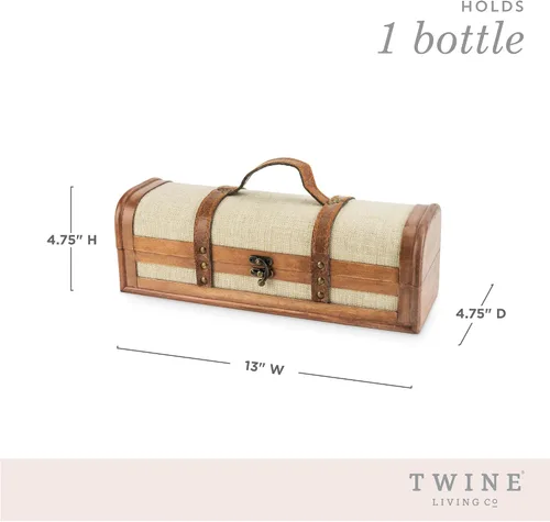 Vista 3 de Twine Caja de regalo vintage para botella de vino, caja de vino de madera con tapa y asa, madera, piel sintética, latón, tela, capacidad para 1