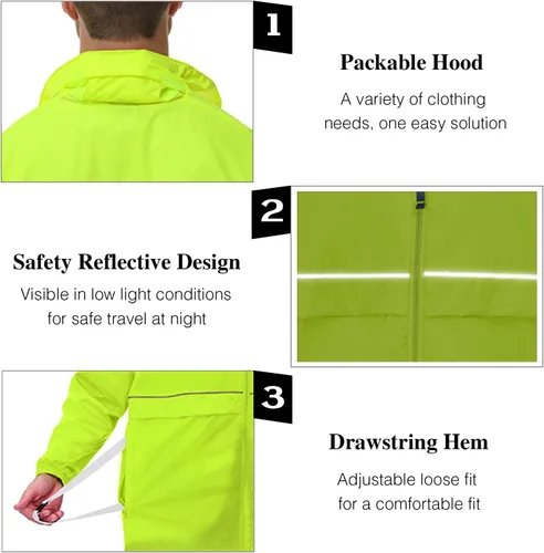 Vista 4 de Corna Chaqueta impermeable plegable para hombre, para exteriores, ligera, para senderismo, correr, rompevientos, con capucha