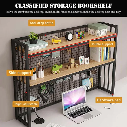 Vista 2 de Estantería de escritorio de 2 niveles para escritorio de computadora, pantalla ajustable, estantería de madera para encimera, estante de escritorio
