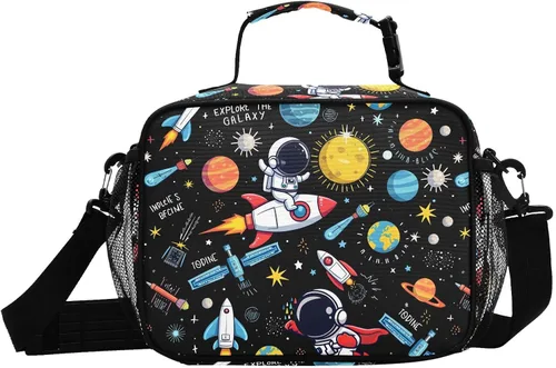 Vista 8 de MNSRUU Bolsa de almuerzo con aislamiento de astronauta espacial para mujeres, lonchera para hombre, con correa ajustable para el hombro, bolsa