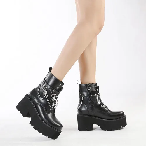 Vista 8 de mikarka Botas de plataforma de cadena para mujer, con cordones y cremallera, tacón grueso, botines de combate negros, botas de motocicleta