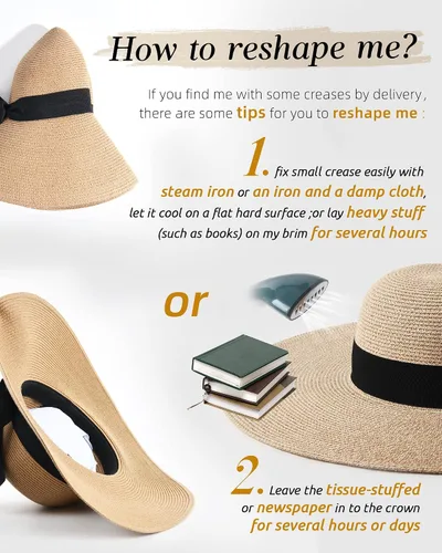 Vista 5 de Sombrero de paja para mujer, ala ancha, UPF 50, sombrero de verano, plegable, para playa