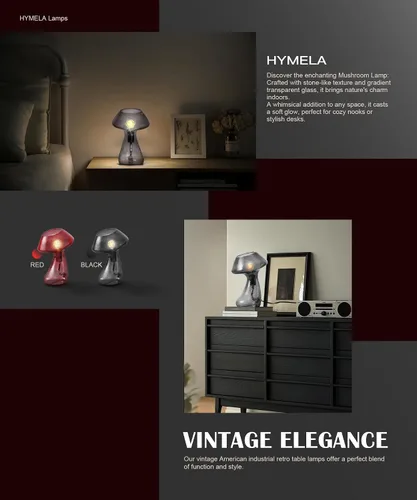 Vista 4 de V06 - Lámpara de mesa vintage con forma de hongo, lámparas de mesita de noche regulables con vidrio transparente, lámpara de noche negra retro