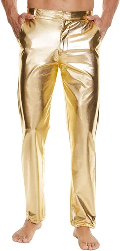Vista 3 de Pantalones de discoteca metálicos brillantes para hombre, pantalones de cuero para fiesta de baile de estilo mojado, pantalones de cuero de los años