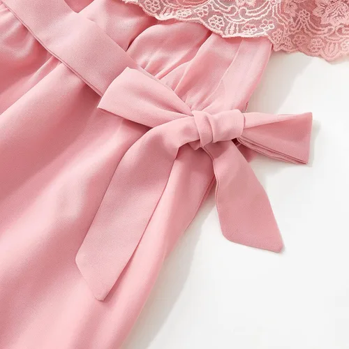 Vista 6 de PopReal - Vestidos con estampado floral a juego para madre e hija, de gasa, con volantes, manga corta, para la playa, con diadema, con tira de tela