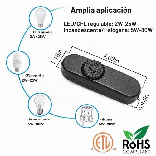 Vista 2 de Interruptor de lámpara en línea, interruptor de atenuación giratorio de rango completo, reemplazo de interruptor de cable negro para lámpara de pie