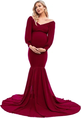 Vista 2 de ZIUMUDY Vestido de sirena ajustado de maternidad para sesión de fotos, manga larga, falda de gasa escalonada, vestido de accesorios para fotos