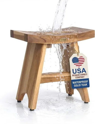 Vista 11 de EcoDecors Banco de ducha de teca con estante de 18", capacidad de 300 lb – Asiento de spa de madera impermeable completamente ensamblado