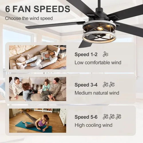 Vista 4 de Ventiladores de techo de 52 pulgadas con luces, ventilador de techo rústico de granja y control remoto, motor reversible de 6 velocidades