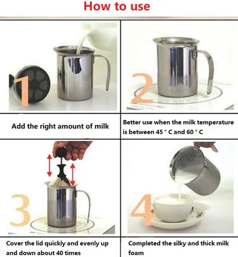 Vista 5 de Espumador manual de doble capa de acero inoxidable 304 para café con leche, etc. (14 oz)