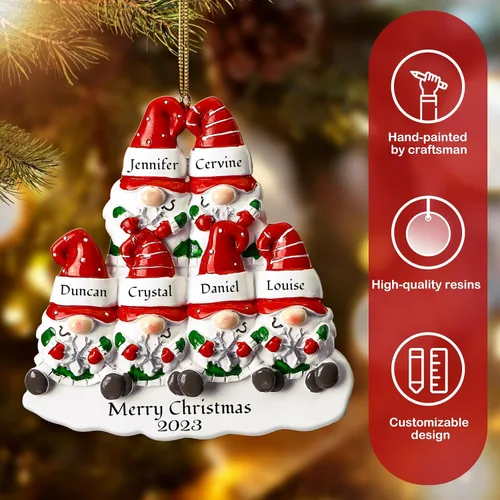 Vista 5 de Bemaystar Adornos personalizados de gnomos de Navidad 2024, familia de 4 adornos con nombres personalizados para árboles de Navidad