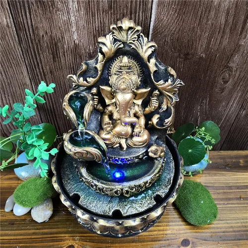 Vista 6 de Estatuas de Ganesha Fuente de Agua Interior, Estatua de Buda Elefante Fuente de Mesa con Bola Rodante, Fuente Zen para Decoración de Escritorio