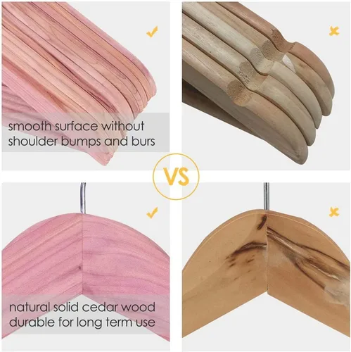Vista 6 de Perchas de cedro rojo americano, paquete de 20 perchas de madera para trajes con gancho giratorio de 360°, superficie lisa, perchas delgadas