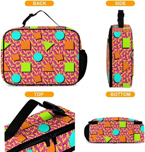Vista 3 de Lonchera retro de los años 80 y 90 con diseño geométrico reutilizable, bolsa térmica con aislamiento, lonchera para comida, contenedor de comida