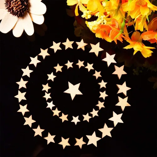 Vista 2 de DERAYEE 100 piezas de adornos de estrellas de madera sin terminar, piezas de madera en blanco recortadas de varios tamaños para Navidad, bodas