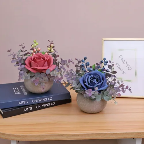 Vista 5 de Small Artificial Blue Rose Potted Plant, 2 Pcs Mini Faux Decor 2 piezas azules