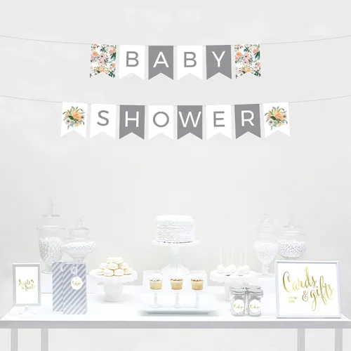 Vista 2 de Andaz Press Colección de baby shower, fiesta de jardín floral coral melocotón, banderines colgantes con cuerda, baby shower, 5 pies, 1 juego