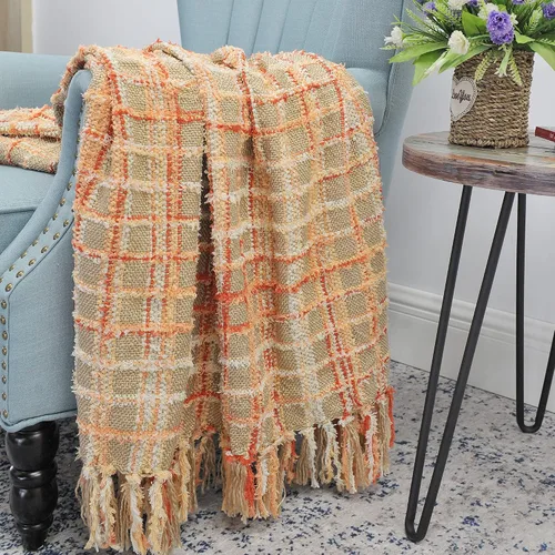 Vista 2 de Manta de punto de felpilla multicolor, suave, acogedora, esponjosa, reversible, bohemia a cuadros con borlas para sofá, silla, cama, sala de estar