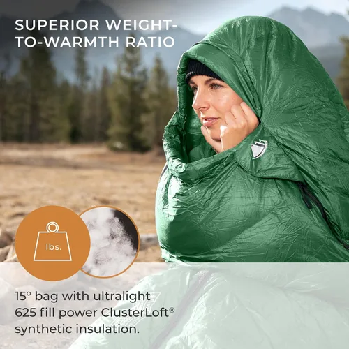 Vista 2 de Hyke & Byke Katahdin 32 F - Saco de dormir para senderismo y mochilero – 4 estaciones, 625FP ultraligero – Resistente al agua – Gris carbón – Corto