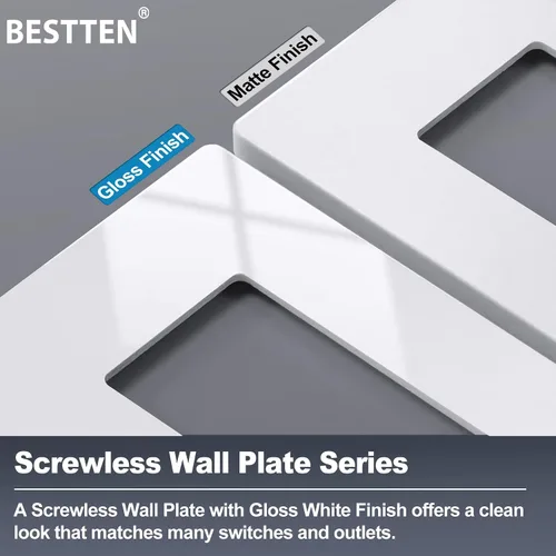 Vista 6 de BESTTEN Placa de pared sin tornillos de 5 segmentos, cubierta de enchufe decorador, placa decorativa para interruptor, serie blanca nieve brillante