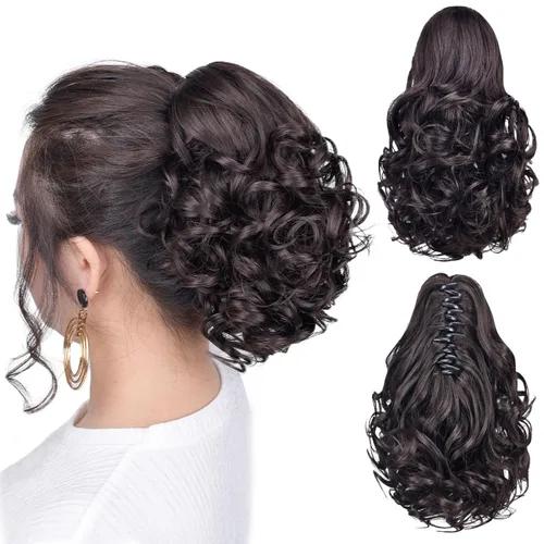 Vista 37 de Cola de caballo con clip, color castaño rojizo, ondulado de 10 pulgadas, extensión de cola de caballo de 3.3 onzas, extensiones de cabello sintético