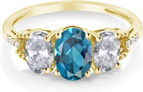 Vista 2 de Gem Stone King Anillo de compromiso de oro amarillo de 10 quilates con topacio azul Londres y topacio blanco para mujer piedra natal ovalada de 222