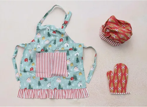 Vista 3 de Delantal para niños, sombrero de chef y guante caliente, multicolor