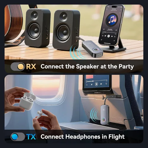 Vista 3 de Receptor transmisor Bluetooth, compatible con 2 AirPod/auriculares, pantalla de nivel de batería HD, baja latencia, interfaz de audio de 0.138 in