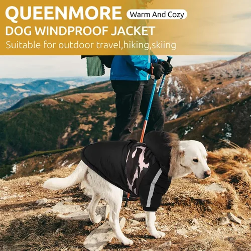 Vista 6 de Queenmore Abrigo cálido de invierno para perro, impermeable para clima frío, chaqueta de nieve para perro, sudadera reflectante con capucha