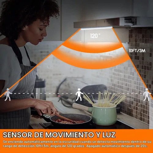 Vista 4 de Paquete de 6 luces LED con sensor de movimiento, 10 luces LED para armario, funciona con pilas, barra de luz nocturna magnética adhesiva