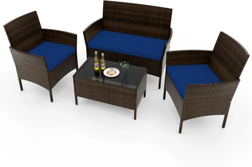 Vista 29 de RELAX4LIFE Juego de muebles de patio de 4 piezas – Juego de muebles de ratán para conversación al aire libre con cojines, mesa de centro de cristal