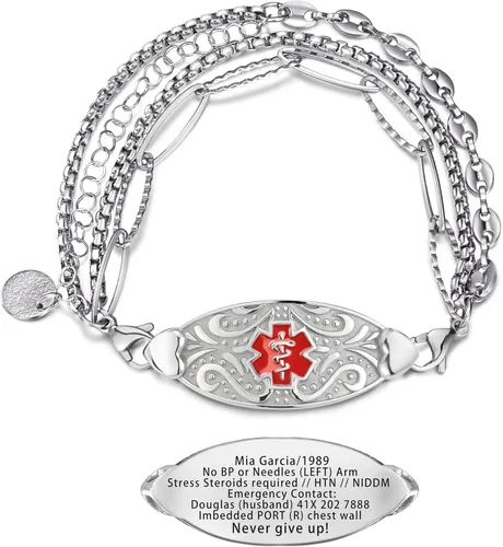 Vista 11 de Pulseras de alerta médica elegantes personalizadas para mujer con grabado gratis, pulsera de identificación de emergencia personalizada