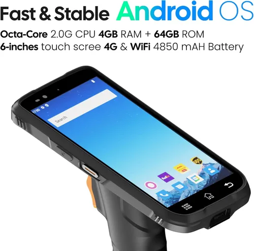 Vista 3 de RAYOUNGTEK Robusto Android escáner de código de barras portátil PDA computadora móvil con empuñadura de pistola, pantalla de 6.0 "Octa-Core 2.0GHz