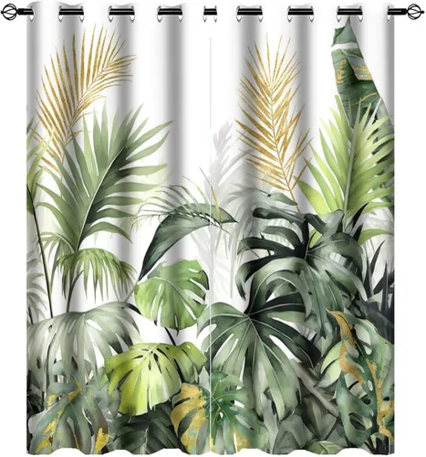 Vista 21 de Cortinas abstractas de hojas tropicales, acuarela tropical, hojas de palma, verano hawaiano, plátano, aislamiento térmico, cortinas completas