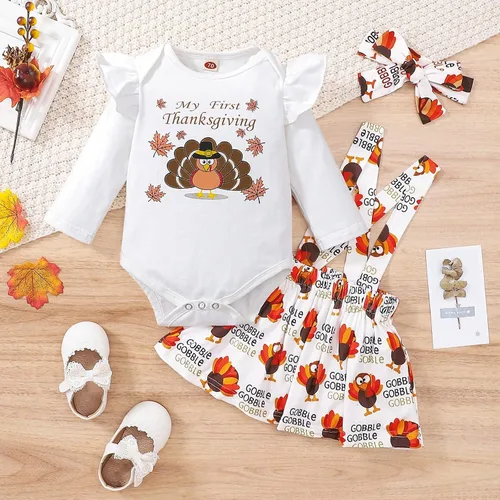 Vista 2 de DOMOABEI My First Thanksgiving - Trajes de bebé para niña disfraz de pavo recién nacido manga larga con volantes falda con tirantes de 0 a 18 meses