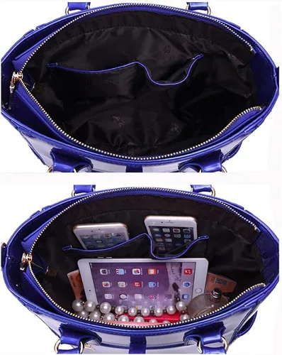 Vista 7 de Bolso de mano y bolso de patente 3 piezas para mujer brillante PU asa superior bolsos cadena mensajero bolsa embrague titular de la tarjeta