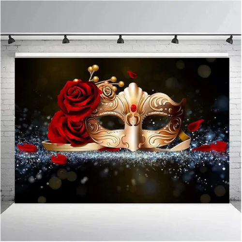 Vista 3 de Telón de fondo para fotografía, fiesta de carnaval, máscara roja de oro rosa con fondo de diamante, fondo de máscaras, estudio de cumpleaños, foto