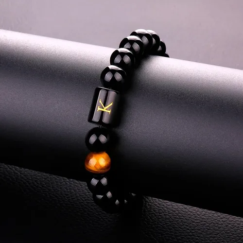 Vista 53 de SUMMER LOVE Regalos para el Día del Padre, pulsera con inicial de piedra de ónix negro de 0.394 pulgadas para hombres, pulsera de cuerda trenzada