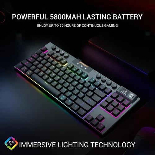 Vista 3 de Hexgears Teclado mecánico Immersion A3 TKL, Bluetooth2.4GUSB-C inalámbrico con interruptores de perfil bajo, pantalla de visualización