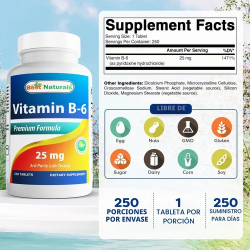 Vista 2 de Best Naturals Vitamina B-6 Tabletas de 25 Mg, 250