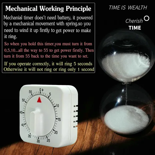 Vista 6 de Temporizador de cocina mecánico cuadrado de 60 minutos, temporizador de cocción visual fácil de usar con imán fuerte y alarma fuerte, temporizador